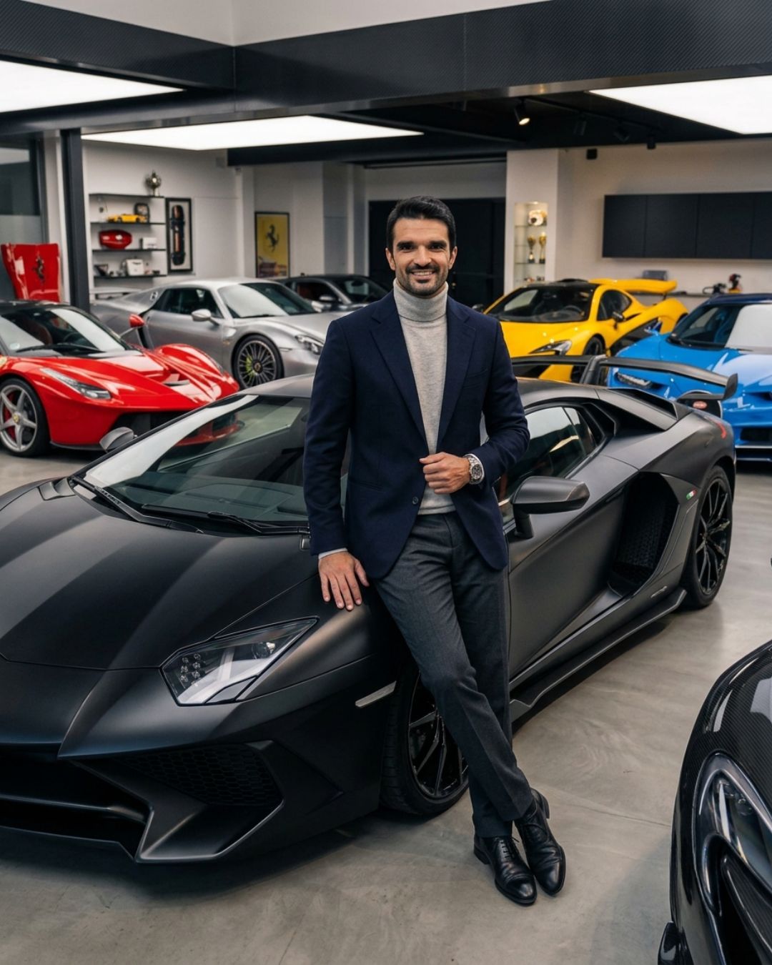 Garagem de colecionador com supercarros