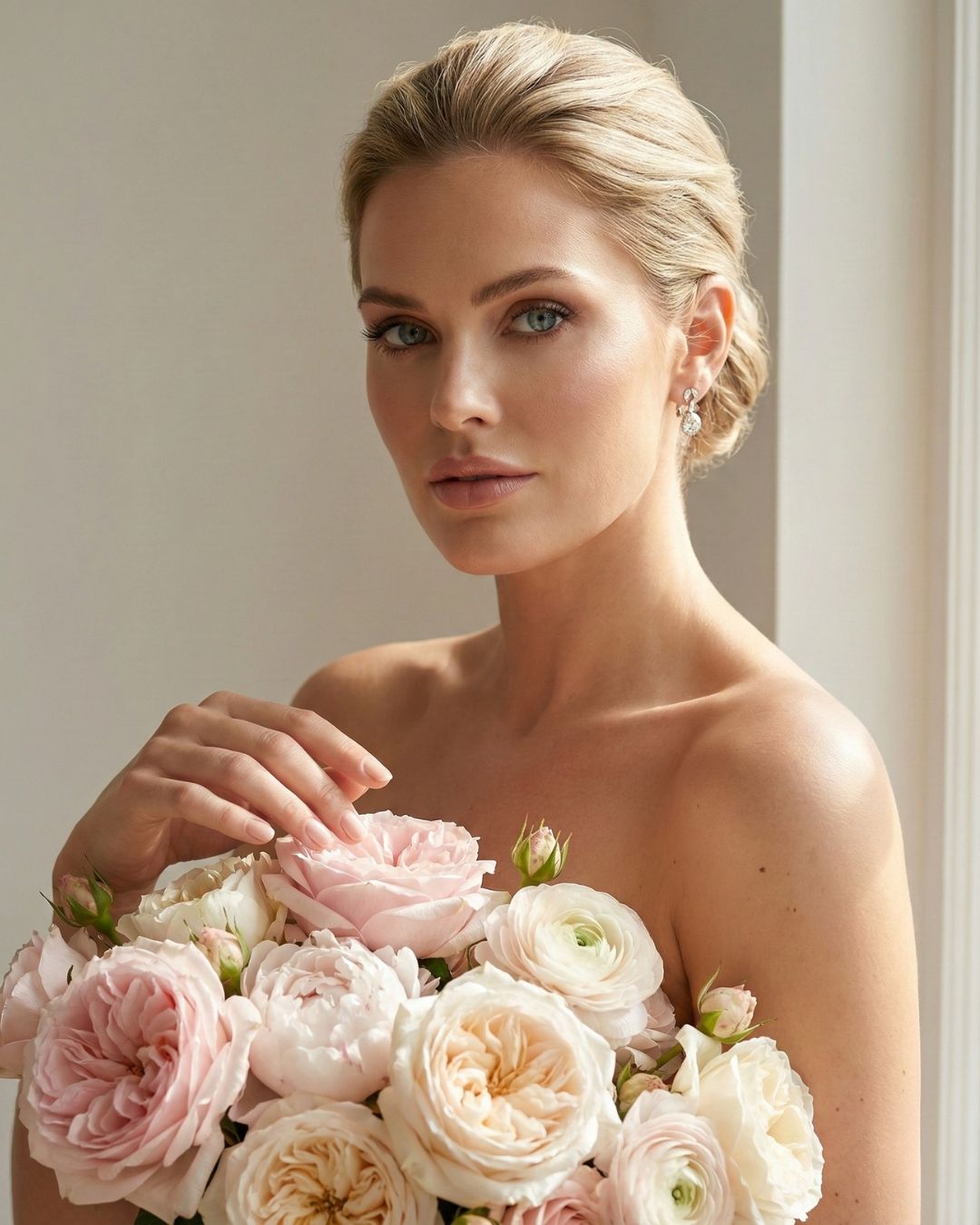 Retrato com bouquet de peônias