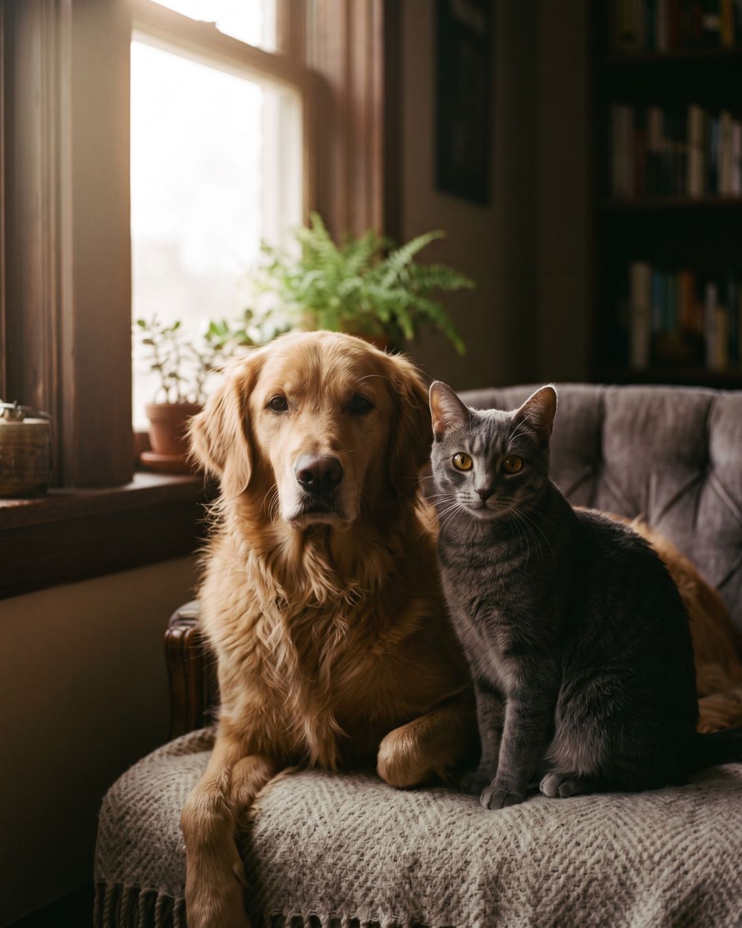 Golden retriever e gato cinza juntos