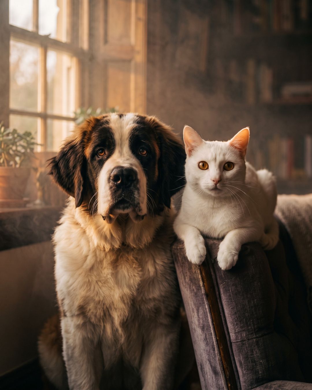 São bernardo e gato branco juntos