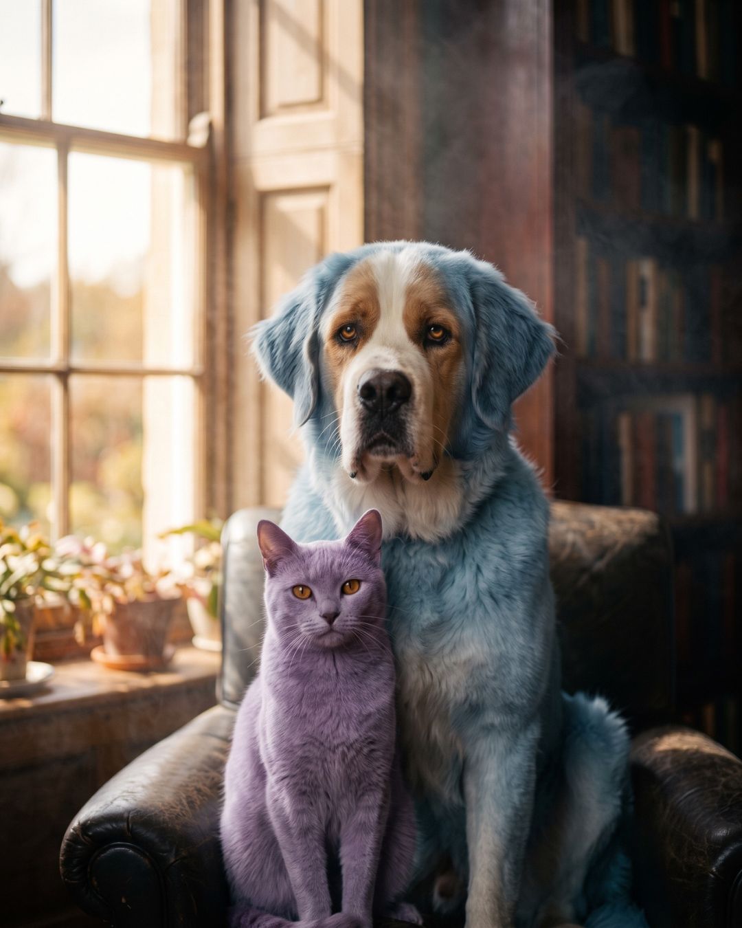 São bernardo azul e gato roxo juntos