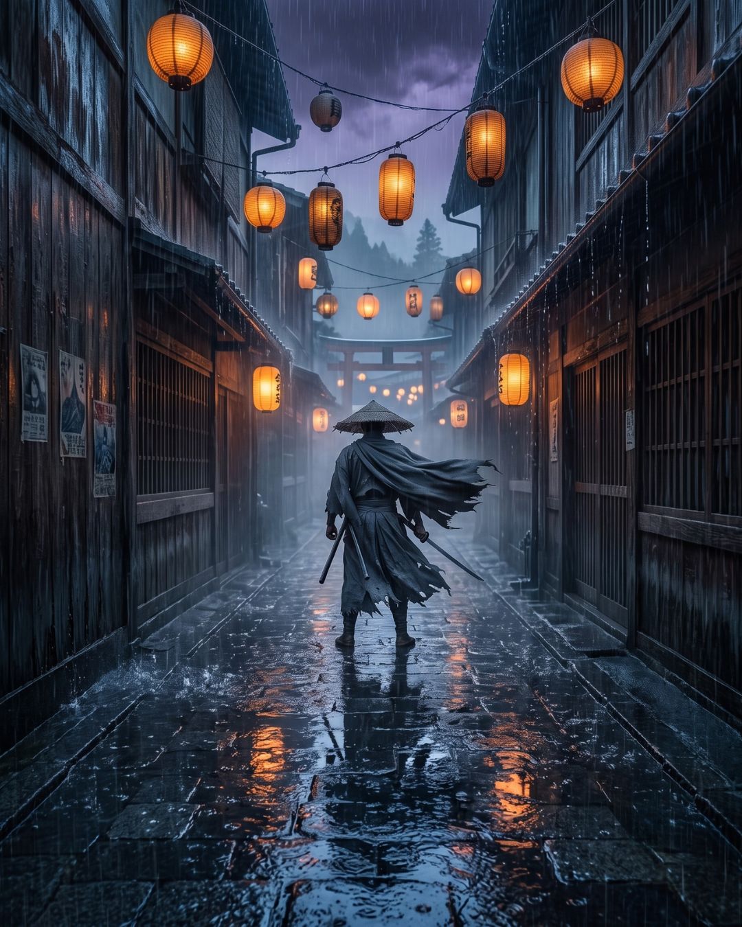 Chuva noturna sob lanternas