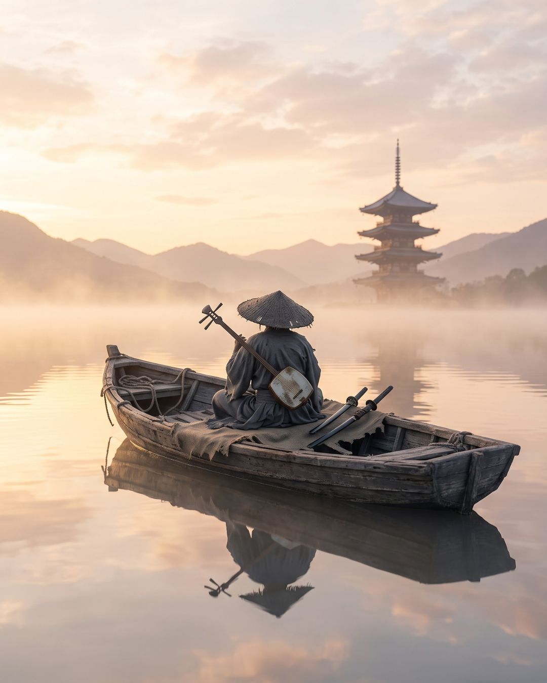 Barco solitário no lago ao amanhecer